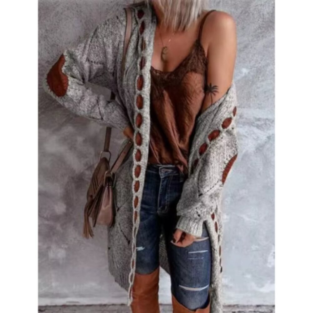 POL Women's Hooded Sweater Drop Oversized Cable Loose Knit Cardigan Gray Medium